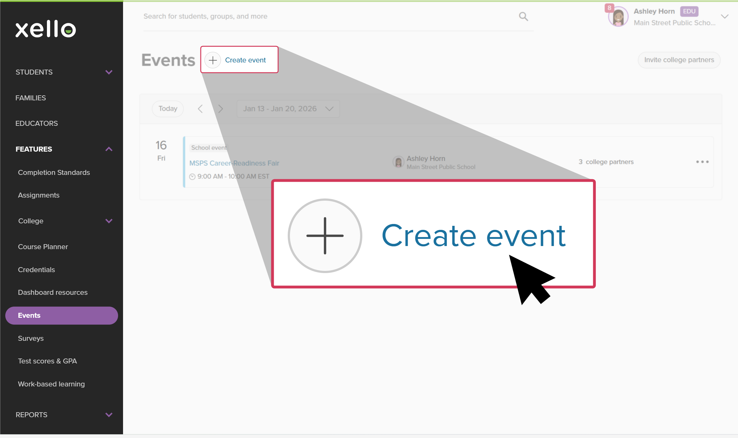 Educator account in Xello on the Events page. The cursor is clicking the Create event button.
